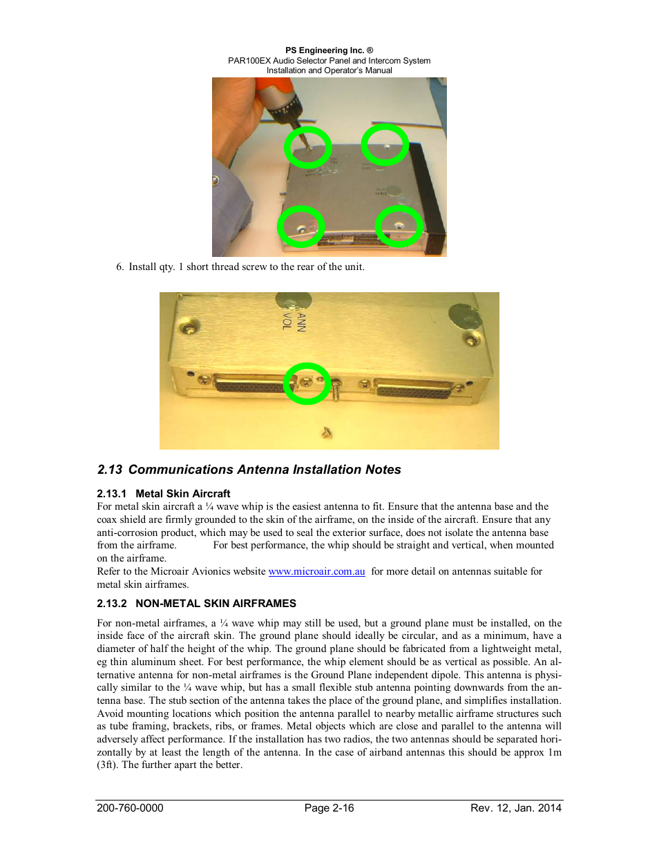 Communications antenna installation notes, Metal skin aircraft, Non-metal skin airframes | Ommunications, Ntenna, Nstallation, Otes, Etal, Ircraft, Non-metal | PS Engineering PDA360EX Installation Manual User Manual | Page 23 / 41