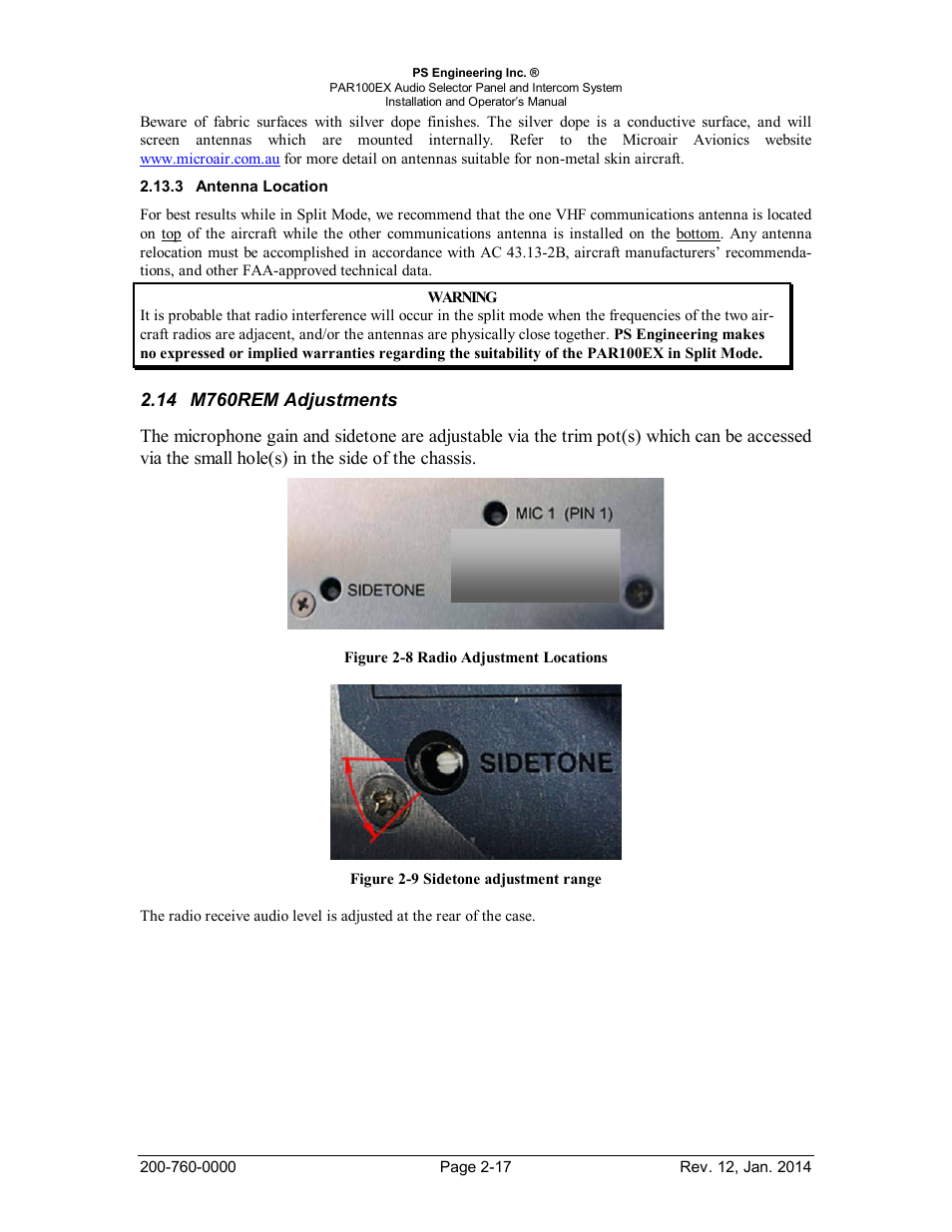 Antenna location, M760rem adjustments, Ntenna | Ocation, M760rem, Djustments | PS Engineering PDA360EX Installation Manual User Manual | Page 24 / 41