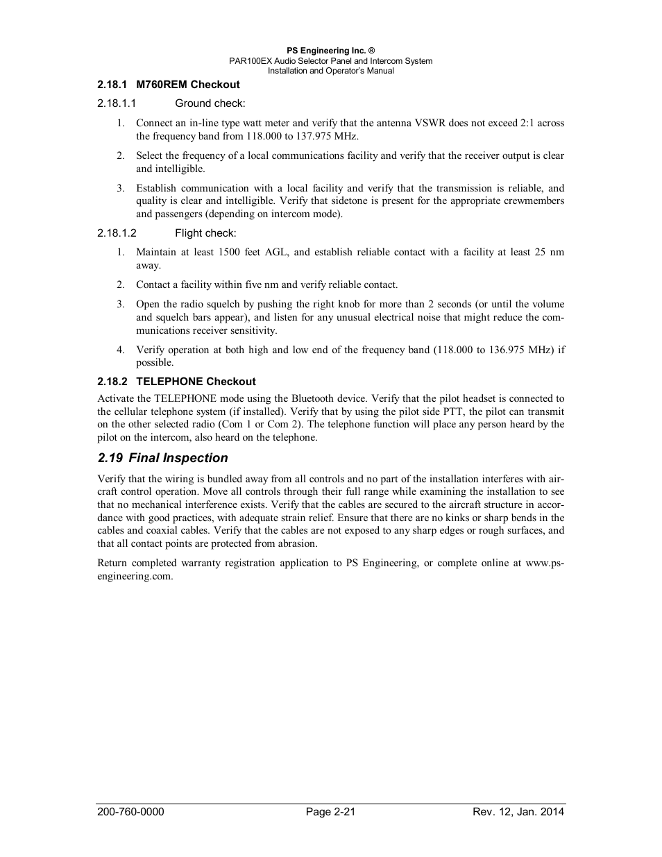 M760rem checkout, Telephone checkout, Final inspection | M760rem, Heckout, Telephone, Inal, Nspection | PS Engineering PDA360EX Installation Manual User Manual | Page 28 / 41