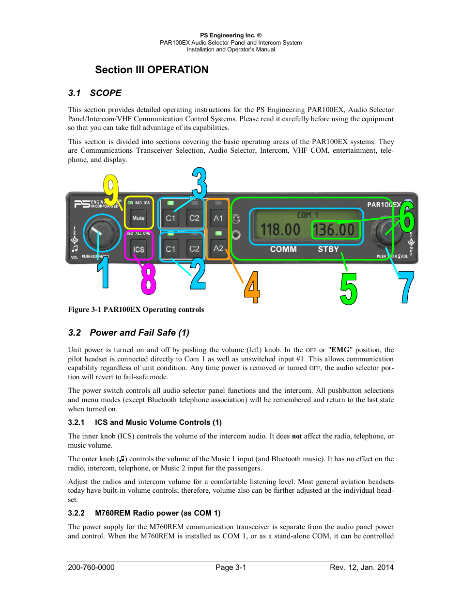 Section iii operation, Scope, Power and fail safe (1) | Ics and music volume controls (1), M760rem radio power (as com 1), Section iii operation -1, Scope -1, Ower and, Usic, Olume | PS Engineering PDA360EX Installation Manual User Manual | Page 29 / 41