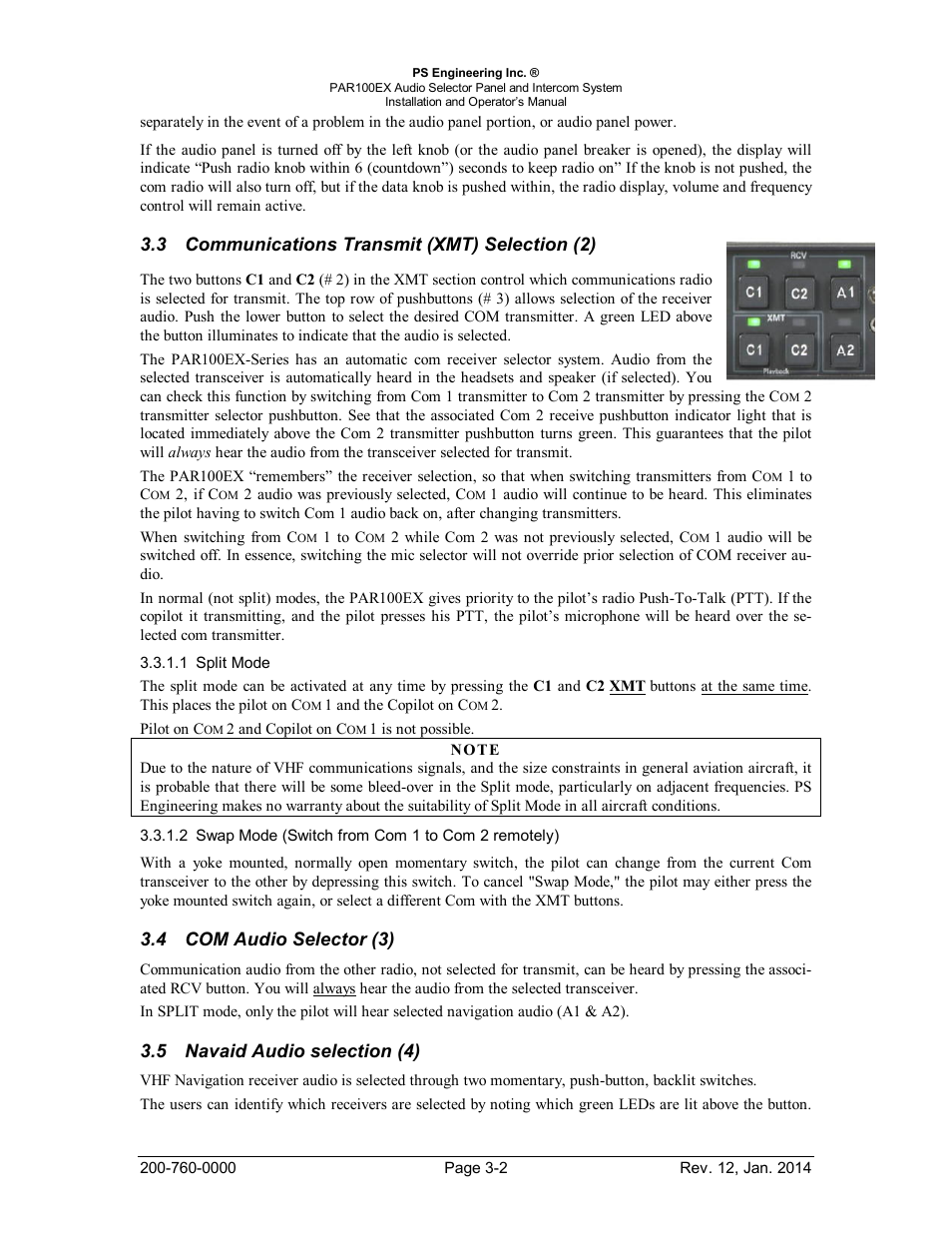 Communications transmit (xmt) selection (2), Com audio selector (3), Navaid audio selection (4) | Ommunications, Ransmit, Xmt), Election, Udio, Elector, Avaid | PS Engineering PDA360EX Installation Manual User Manual | Page 30 / 41