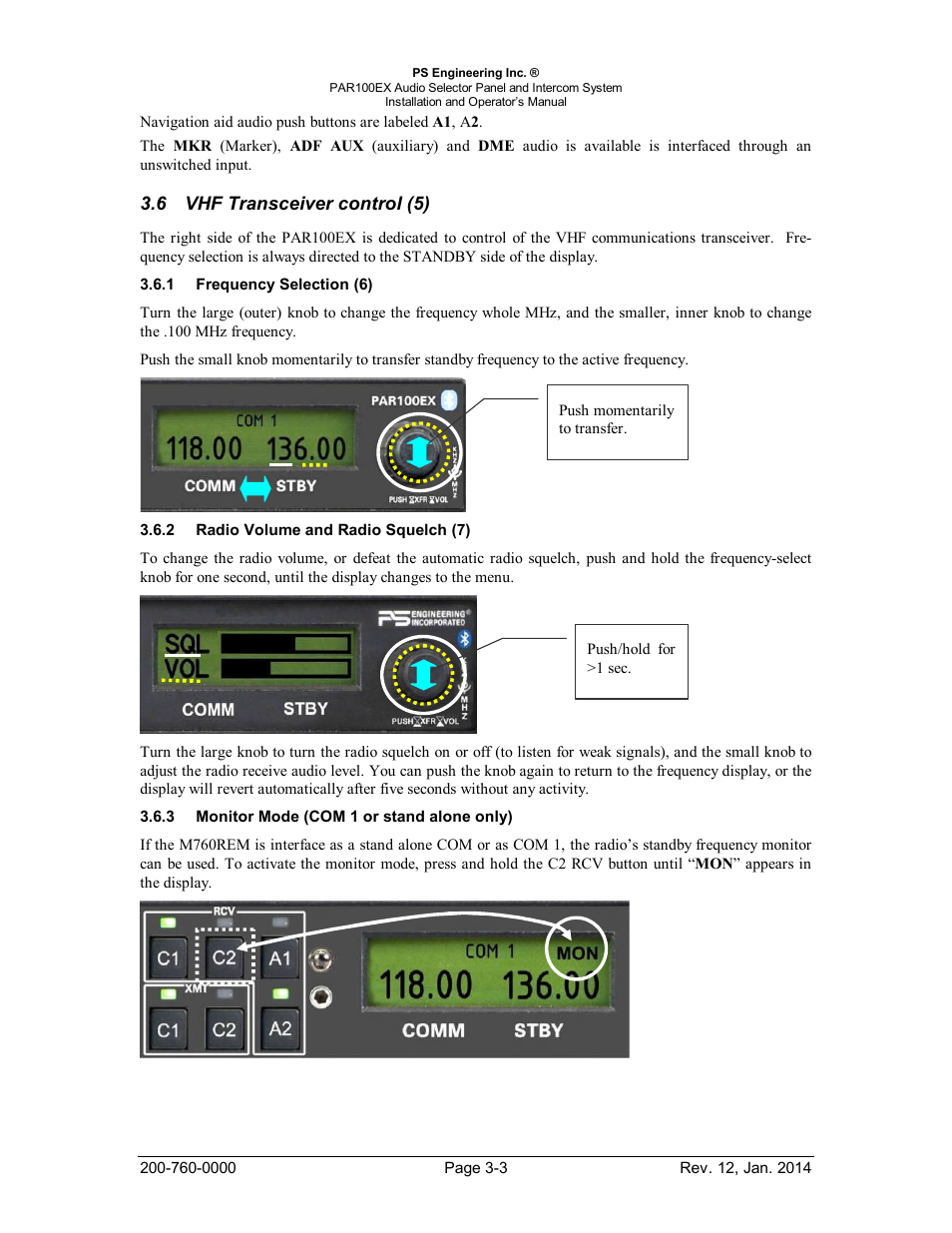 Vhf transceiver control (5), Frequency selection (6), Radio volume and radio squelch (7) | Monitor mode (com 1 or stand alone only), Ransceiver control, Requency, Election, Adio, Olume and, Quelch | PS Engineering PDA360EX Installation Manual User Manual | Page 31 / 41