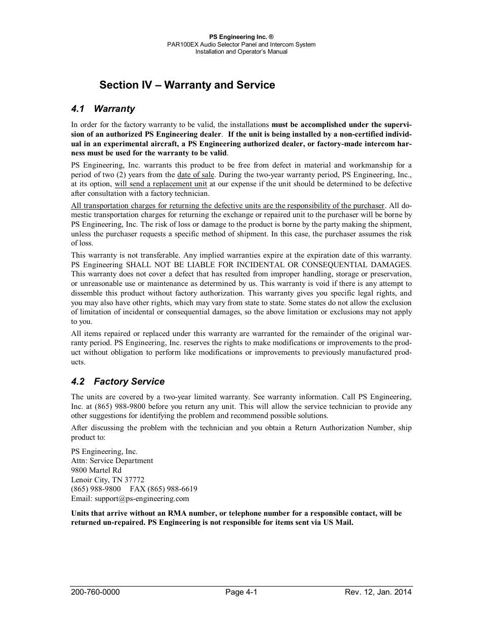 Section iv – warranty and service, Warranty, Factory service | Arranty, Actory, Ervice | PS Engineering PDA360EX Installation Manual User Manual | Page 36 / 41