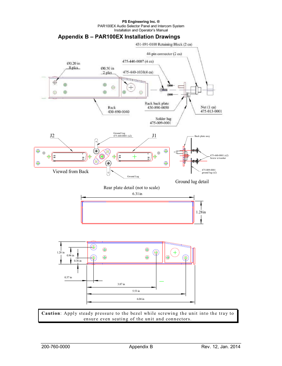 Appendix b – par100ex installation drawings, J2 j1 viewed from back, Ground lug detail | PS Engineering PDA360EX Installation Manual User Manual | Page 38 / 41