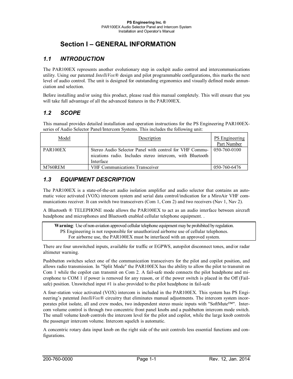 Section i – general information, 1introduction, 2scope | 3equipment description, Section i – general information -1, Introduction -1, Scope -1, Equipment, Description -1 | PS Engineering PDA360EX Installation Manual User Manual | Page 4 / 41