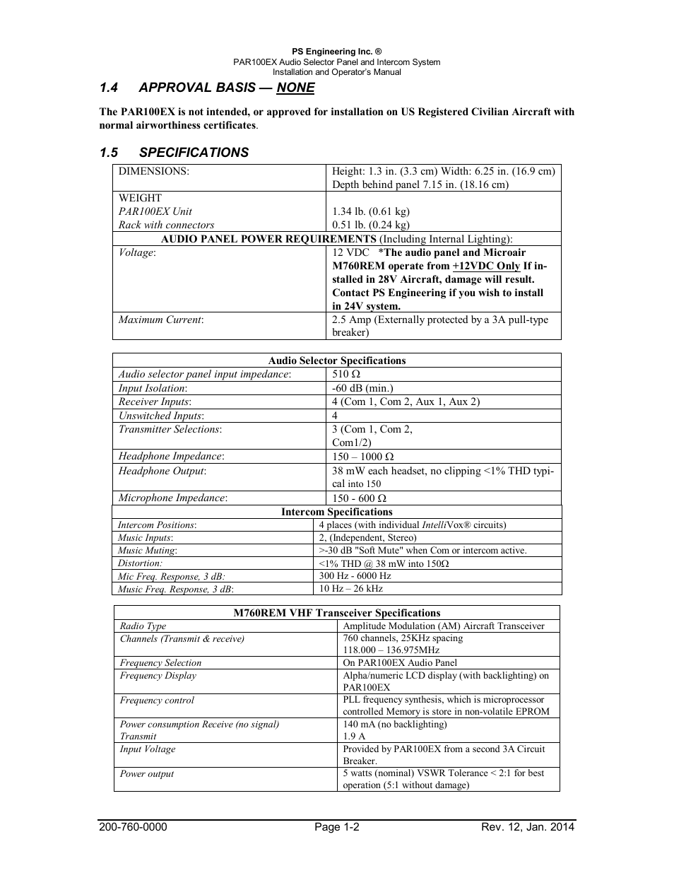 Approval basis — none, 5specifications, Approval | Basis, None -2, Specifications -2 | PS Engineering PDA360EX Installation Manual User Manual | Page 5 / 41