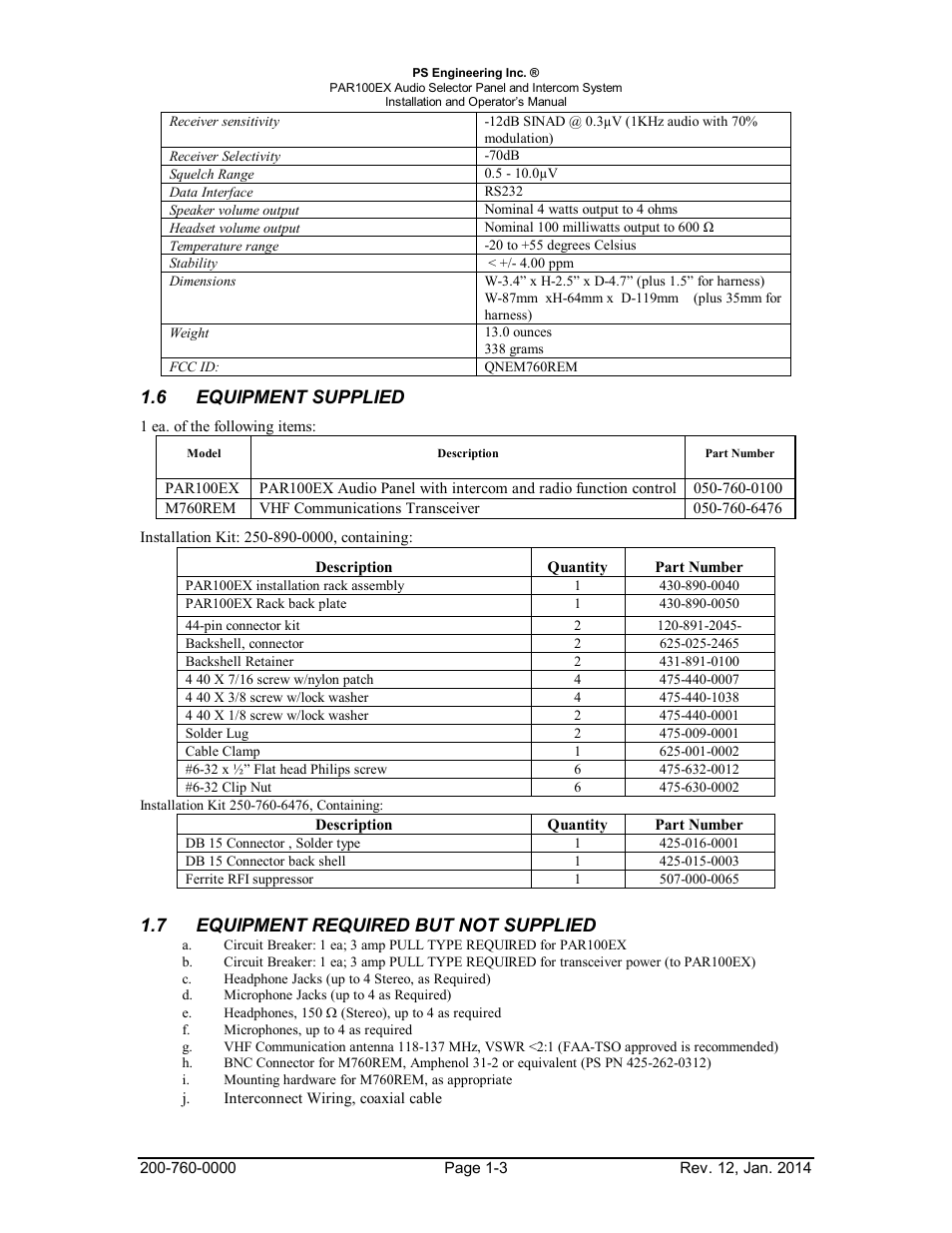 6equipment supplied, 7equipment required but not supplied, Equipment | Supplied -3, Required | PS Engineering PDA360EX Installation Manual User Manual | Page 6 / 41