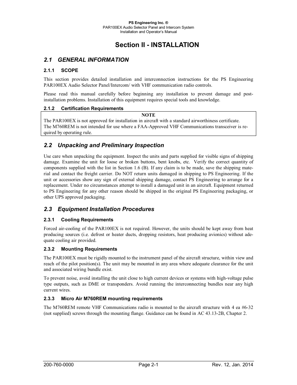 Section ii - installation, General information, Scope | Certification requirements, Unpacking and preliminary inspection, Equipment installation procedures, Cooling requirements, Mounting requirements, Micro air m760rem mounting requirements, Section ii - installation -1 | PS Engineering PDA360EX Installation Manual User Manual | Page 8 / 41