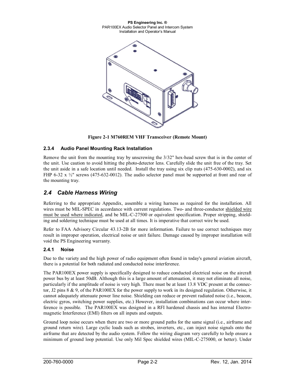 Audio panel mounting rack installation, Cable harness wiring, Noise | Udio, Anel, Ounting, Nstallation, Able, Arness, Iring | PS Engineering PDA360EX Installation Manual User Manual | Page 9 / 41