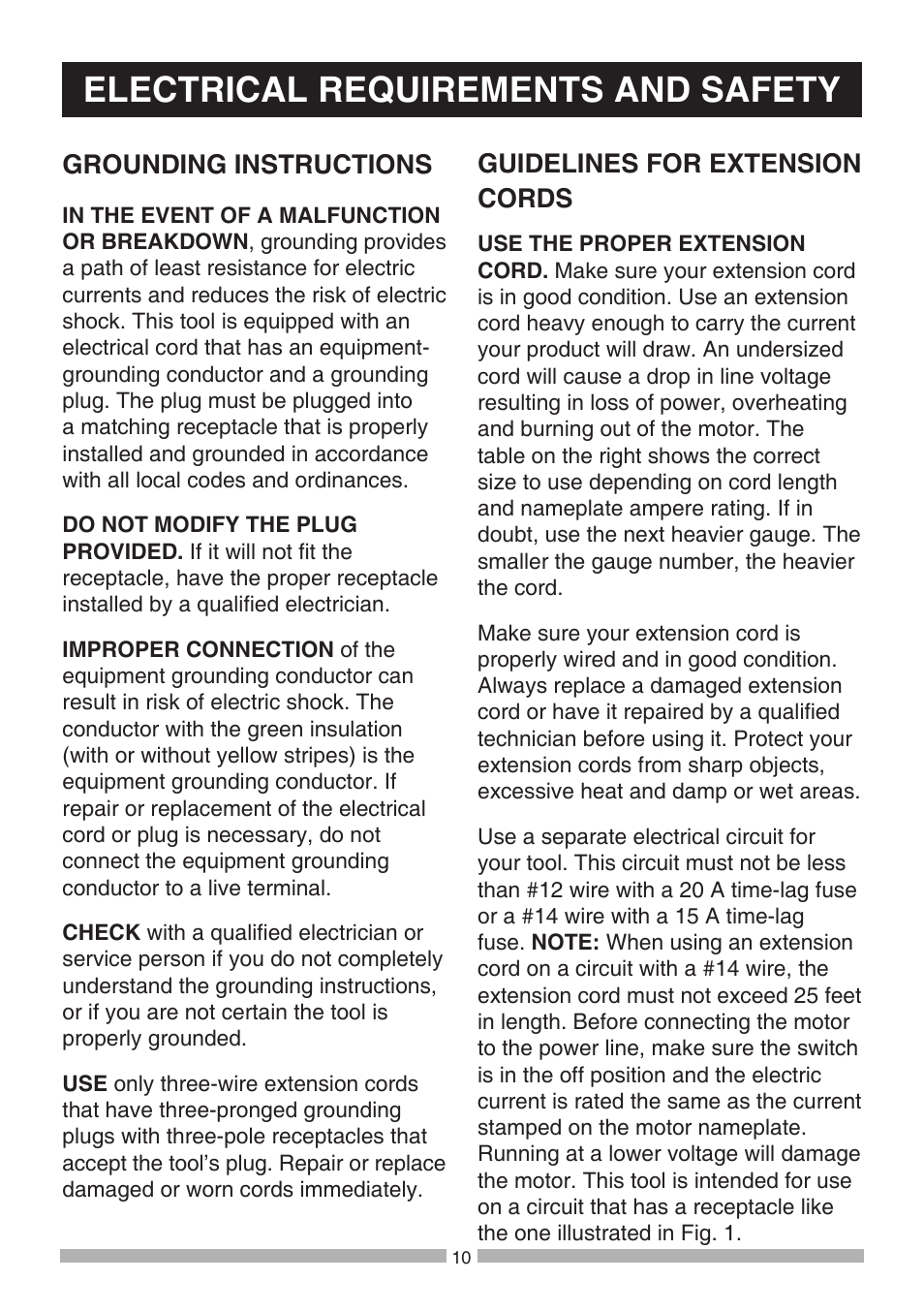 Electrical requirements and safety, Grounding instructions, Guidelines for extension cords | Craftsman 137.21807 User Manual | Page 10 / 56