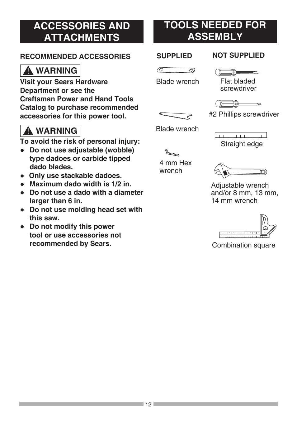 Accessories and attachments, Tools needed for assembly, Warning | Craftsman 137.21807 User Manual | Page 12 / 56