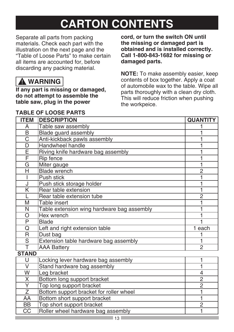 Carton contents, Warning | Craftsman 137.21807 User Manual | Page 13 / 56