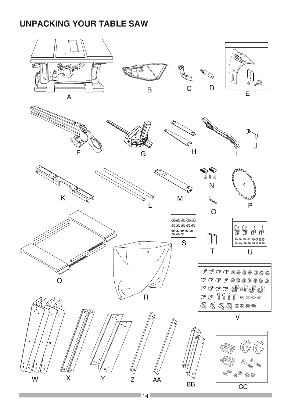 Unpacking your table saw | Craftsman 137.21807 User Manual | Page 14 / 56