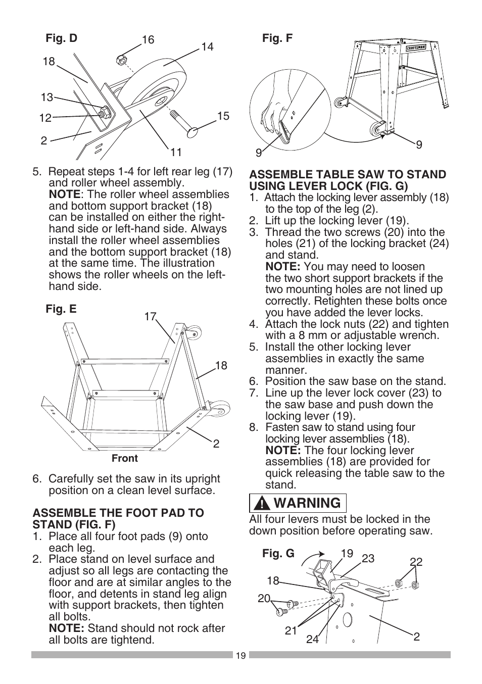 Warning | Craftsman 137.21807 User Manual | Page 19 / 56