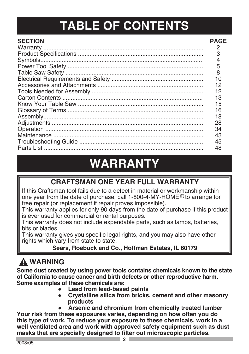 Table of contents warranty, Craftsman one year full warranty, Warning | Craftsman 137.21807 User Manual | Page 2 / 56