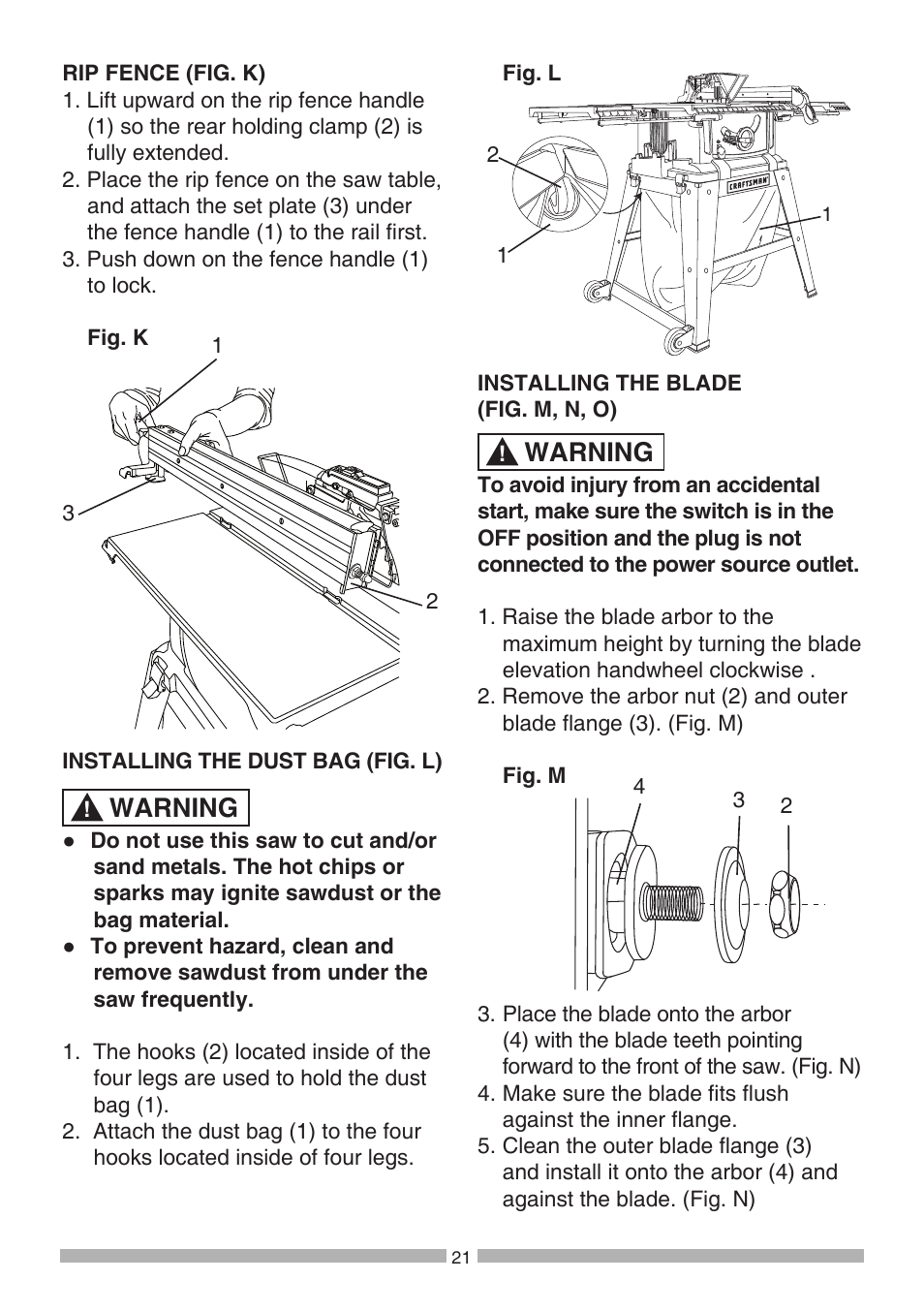 Warning | Craftsman 137.21807 User Manual | Page 21 / 56