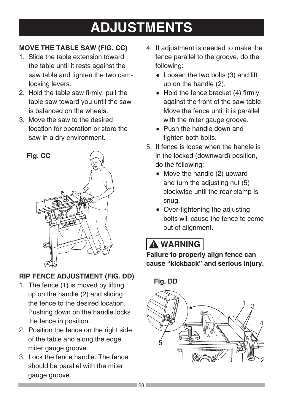 Adjustments, Warning | Craftsman 137.21807 User Manual | Page 28 / 56