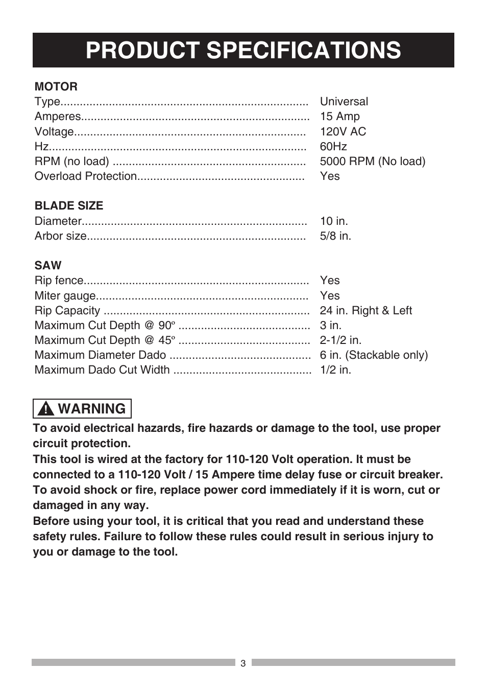 Product specifications, Warning | Craftsman 137.21807 User Manual | Page 3 / 56