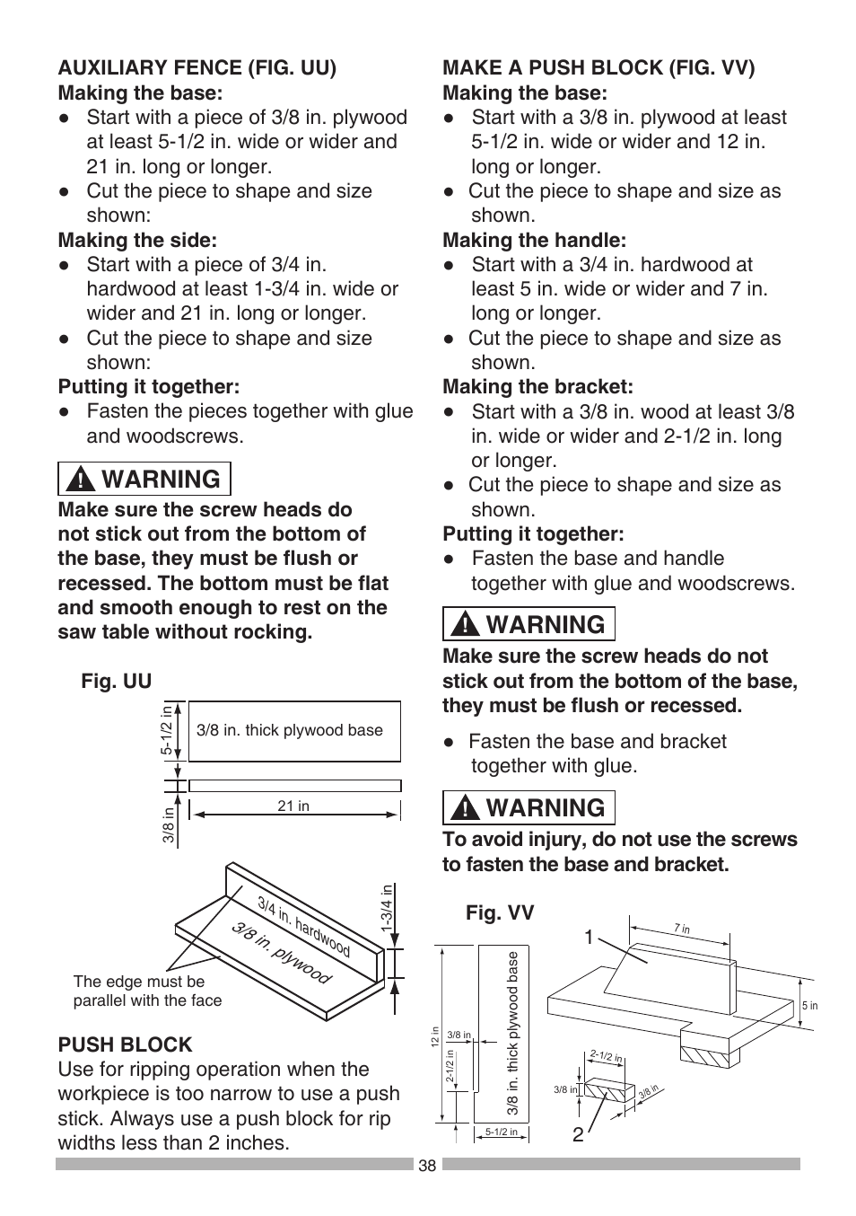 Warning | Craftsman 137.21807 User Manual | Page 38 / 56