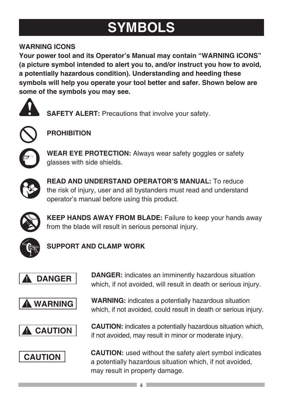 Symbols | Craftsman 137.21807 User Manual | Page 4 / 56