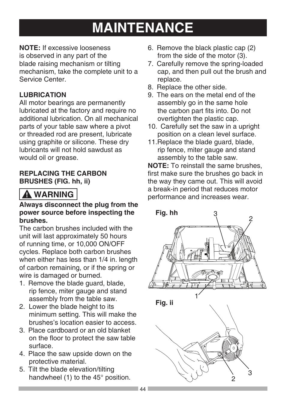 Maintenance, Warning | Craftsman 137.21807 User Manual | Page 44 / 56