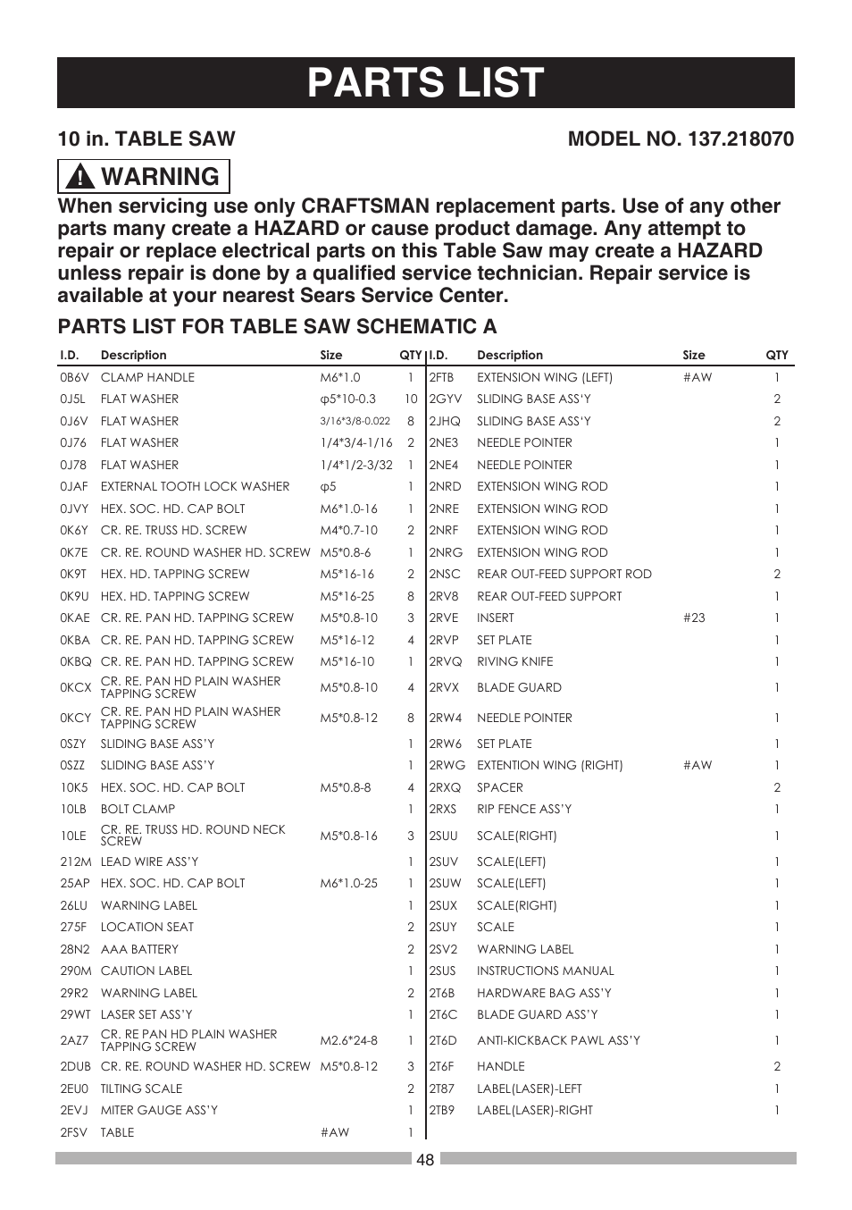 Parts list, Warning | Craftsman 137.21807 User Manual | Page 48 / 56