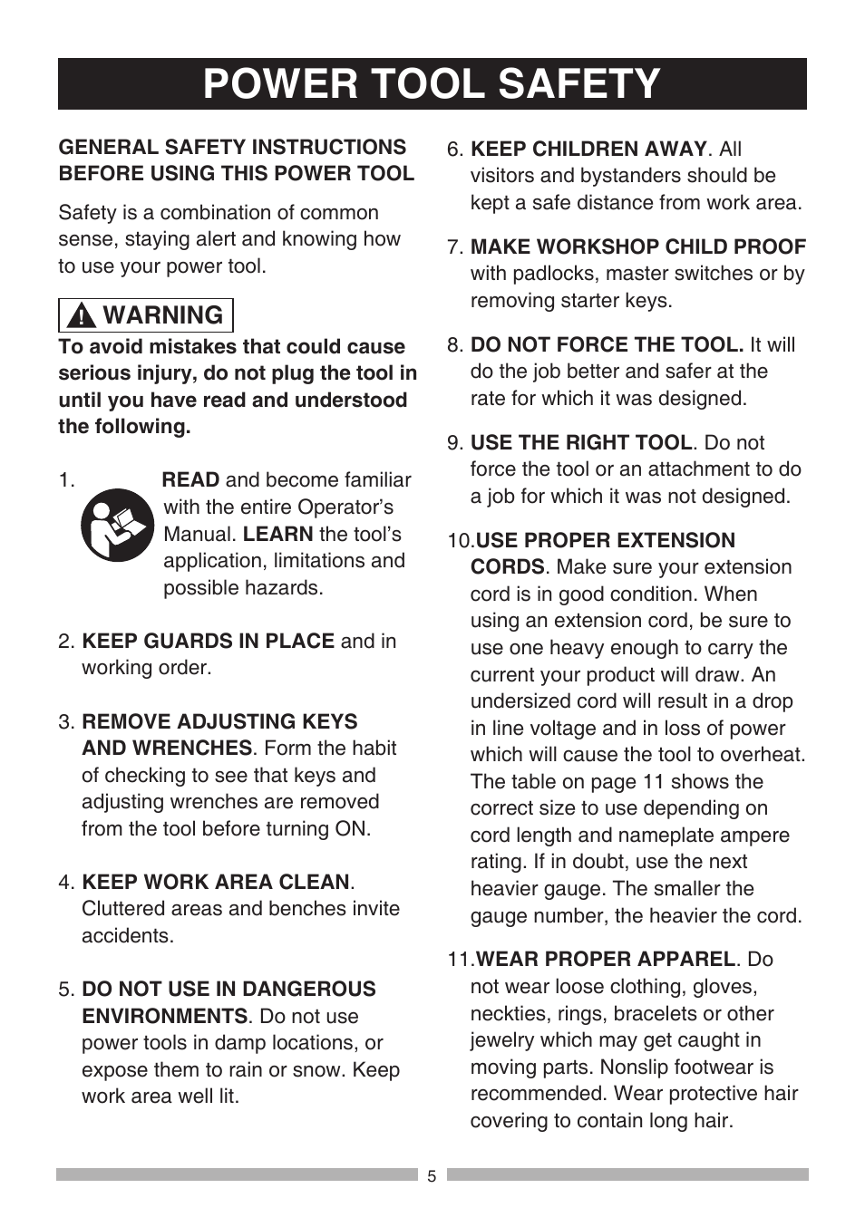 Power tool safety, Warning | Craftsman 137.21807 User Manual | Page 5 / 56