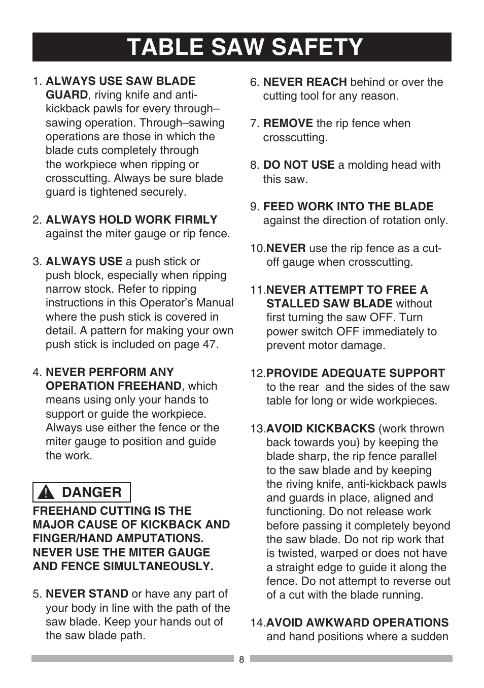 Table saw safety, Warning, Danger | Craftsman 137.21807 User Manual | Page 8 / 56