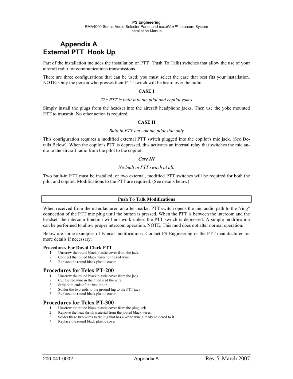 Appendix a external ptt hook up, Procedures for telex pt-200, Procedures for telex pt-300 | PS Engineering PMA4000 Installation Manual User Manual | Page 18 / 23