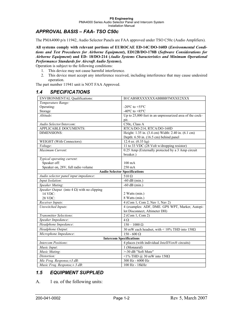 Approval basis – faa- tso c50c, 4 specifications | PS Engineering PMA4000 Installation Manual User Manual | Page 5 / 23
