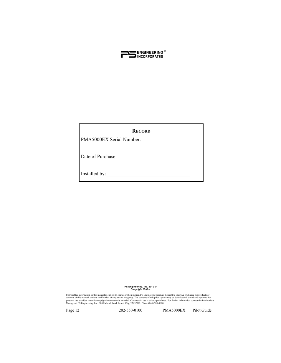 PS Engineering PMA5000EX Pilot’s Guide User Manual | Page 12 / 12