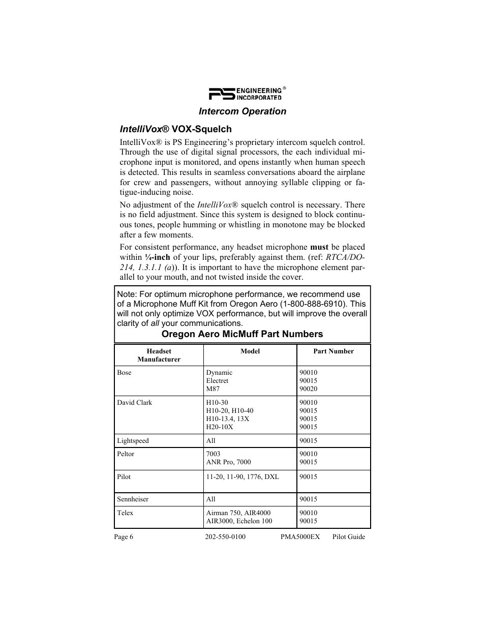 Intercom operation intellivox ® vox-squelch, Oregon aero micmuff part numbers | PS Engineering PMA5000EX Pilot’s Guide User Manual | Page 6 / 12