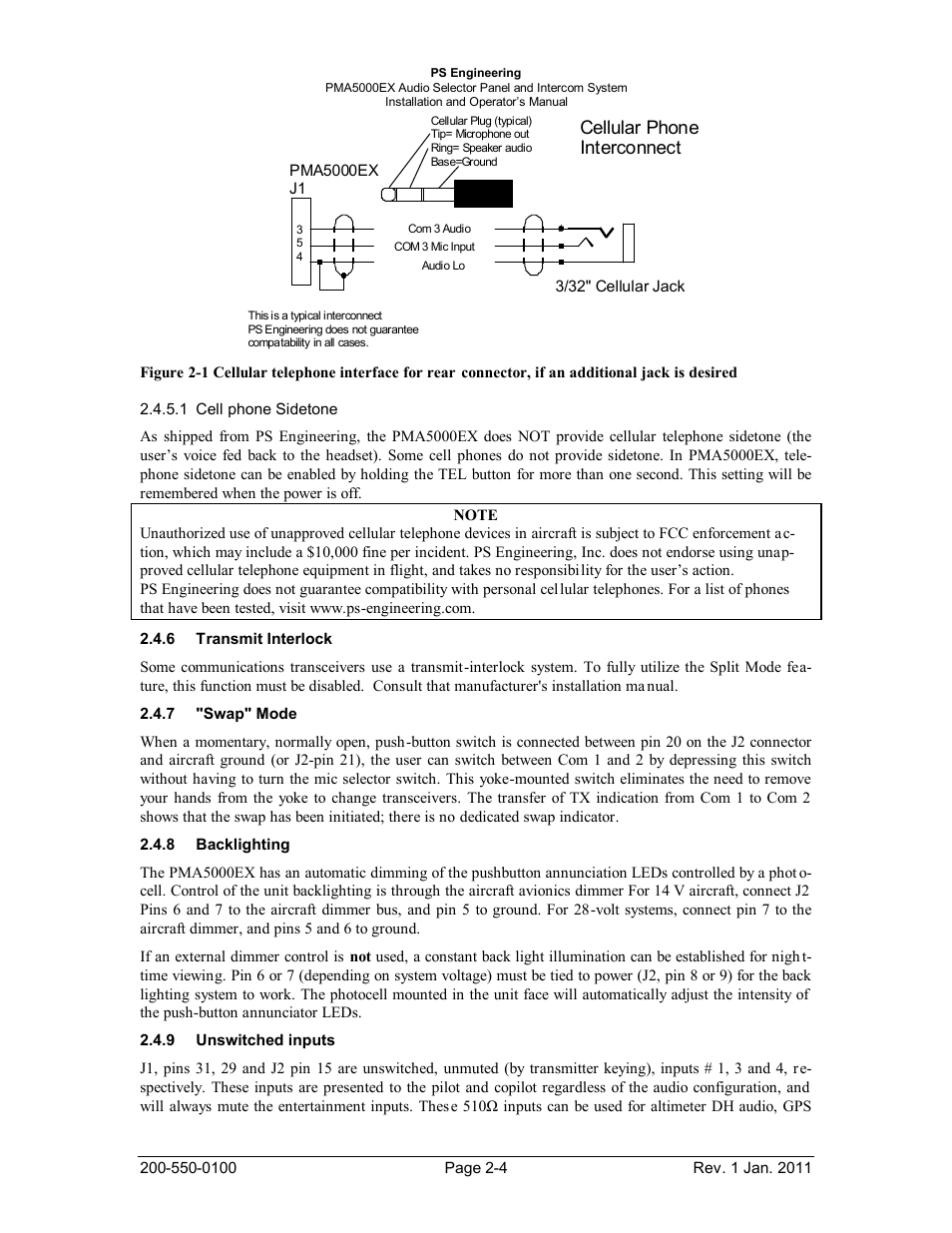Transmit interlock, Swap" mode, Backlighting | Unswitched inputs, Ransmit, Nterlock, Acklighting, Nswitched inputs, Cellular phone interconnect | PS Engineering PMA5000EX Installation Manual User Manual | Page 10 / 29