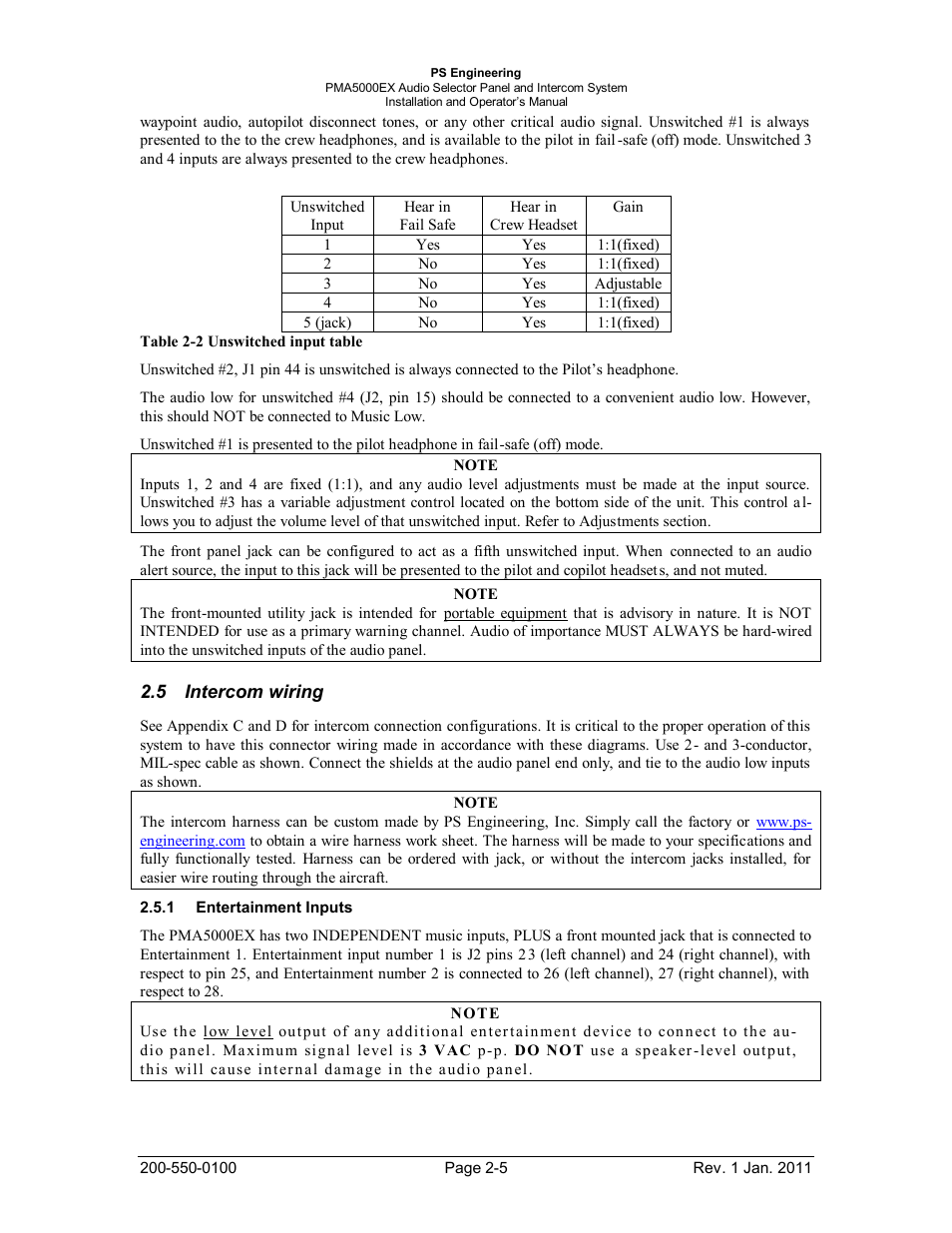 Intercom wiring, Entertainment inputs, Ntercom wiring | Ntertainment, Nputs | PS Engineering PMA5000EX Installation Manual User Manual | Page 11 / 29