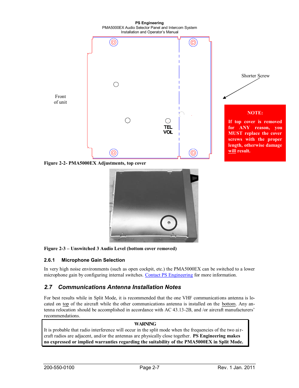 Microphone gain selection, Communications antenna installation notes, Icrophone | Election, Ommunications, Ntenna, Nstallation, Otes | PS Engineering PMA5000EX Installation Manual User Manual | Page 13 / 29