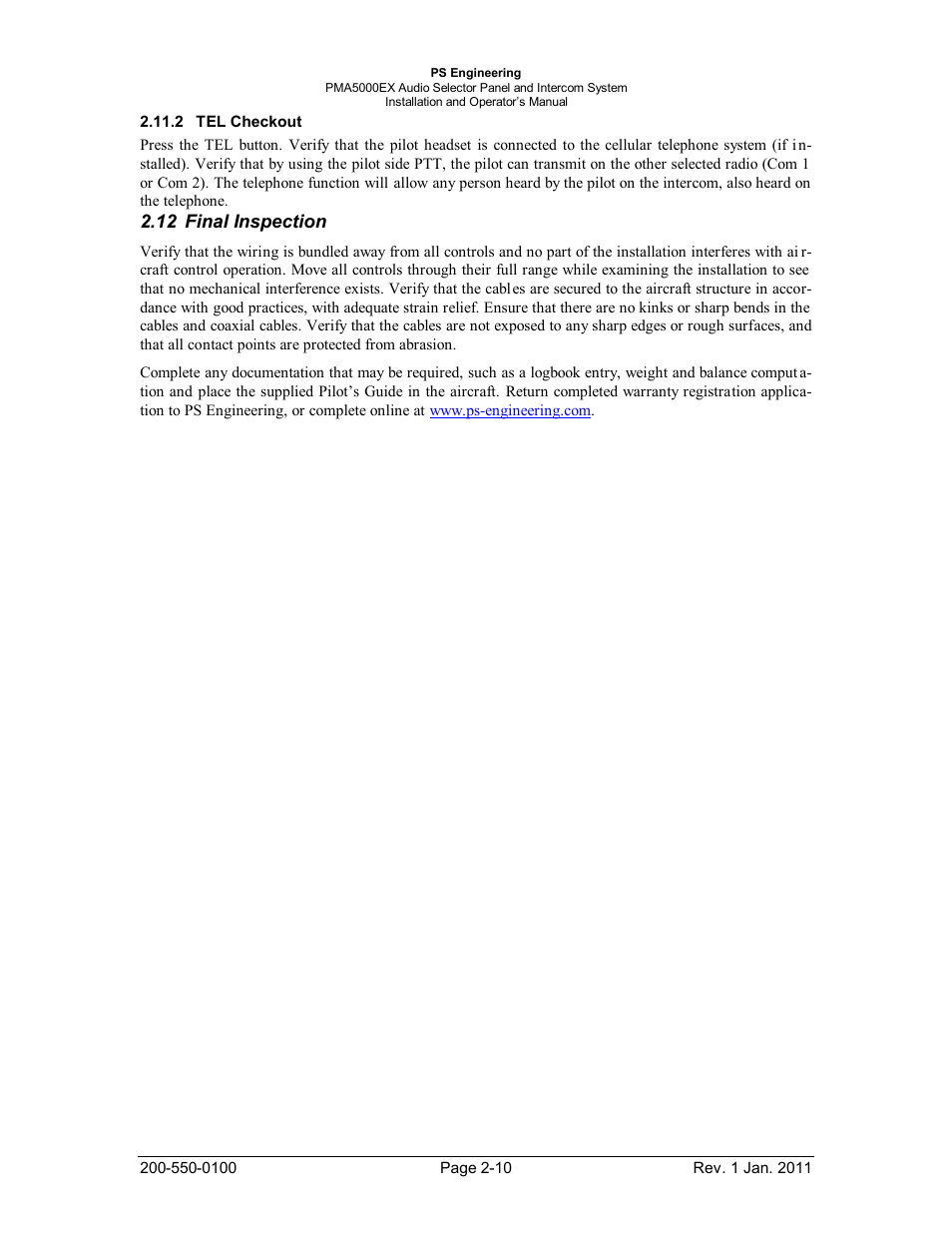 Tel checkout, Final inspection, Heckout | Inal, Nspection, 12 final inspection | PS Engineering PMA5000EX Installation Manual User Manual | Page 16 / 29