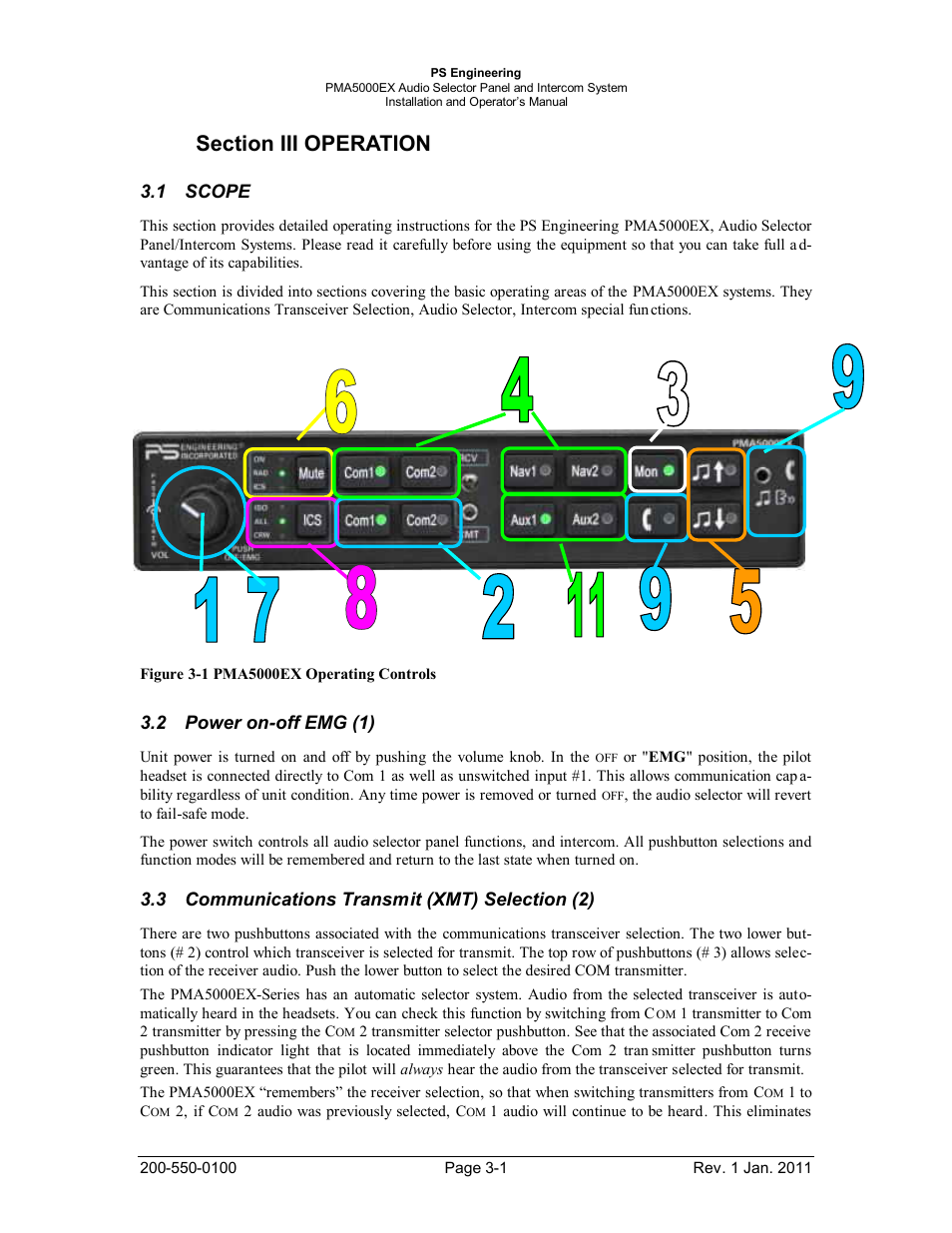 Section iii operation, Scope, Power on-off emg (1) | Communications transmit (xmt) selection (2), Section iii operation -1, Scope -1, Ower on, Ommunications, Ransmit, Xmt) | PS Engineering PMA5000EX Installation Manual User Manual | Page 17 / 29