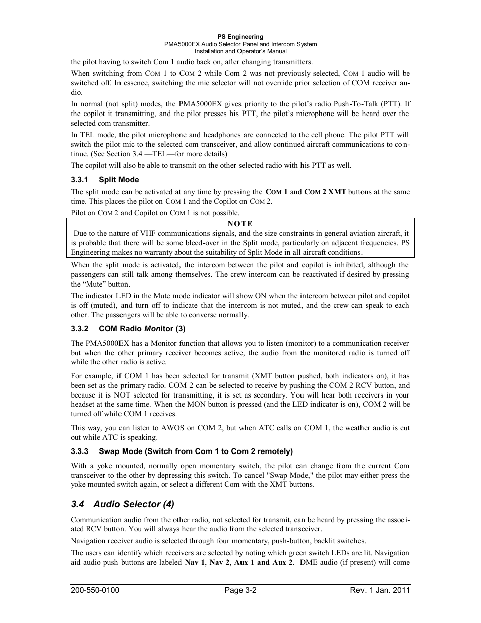 Split mode, Com radio monitor (3), Swap mode (switch from com 1 to com 2 remotely) | Audio selector (4), Plit, Adio, On itor, Witch from, Remotely, Udio | PS Engineering PMA5000EX Installation Manual User Manual | Page 18 / 29