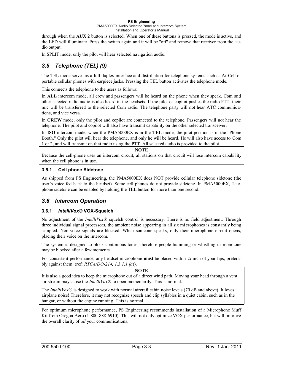 Telephone (tel) (9), Cell phone sidetone, Intercom operation | Intellivox® vox-squelch, Elephone, Tel), Ell phone, Idetone, Ntercom, Peration | PS Engineering PMA5000EX Installation Manual User Manual | Page 19 / 29