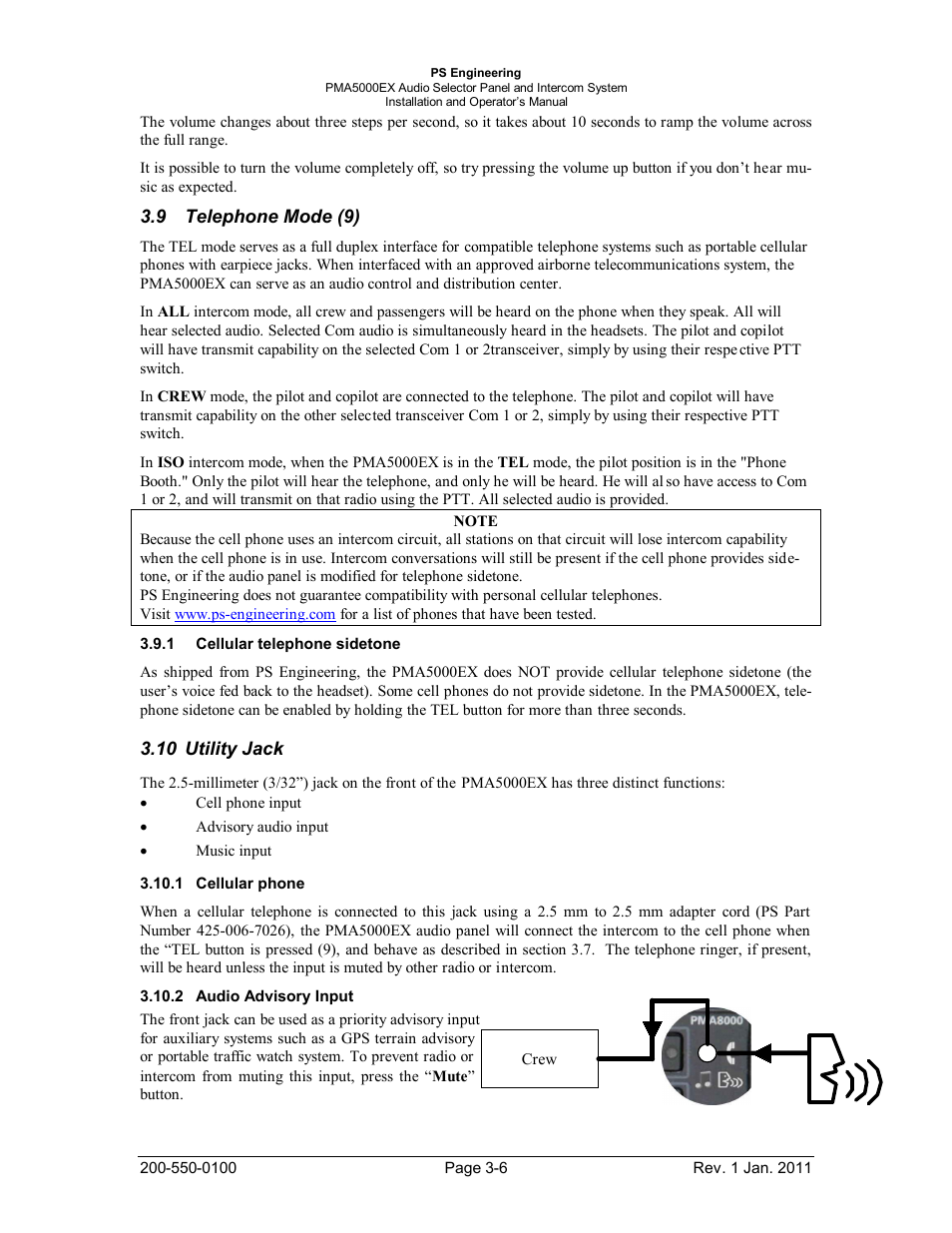 Telephone mode (9), Cellular telephone sidetone, Utility jack | Cellular phone, Audio advisory input, Elephone, Ellular telephone sidetone, Tility, Ellular phone, Udio | PS Engineering PMA5000EX Installation Manual User Manual | Page 22 / 29
