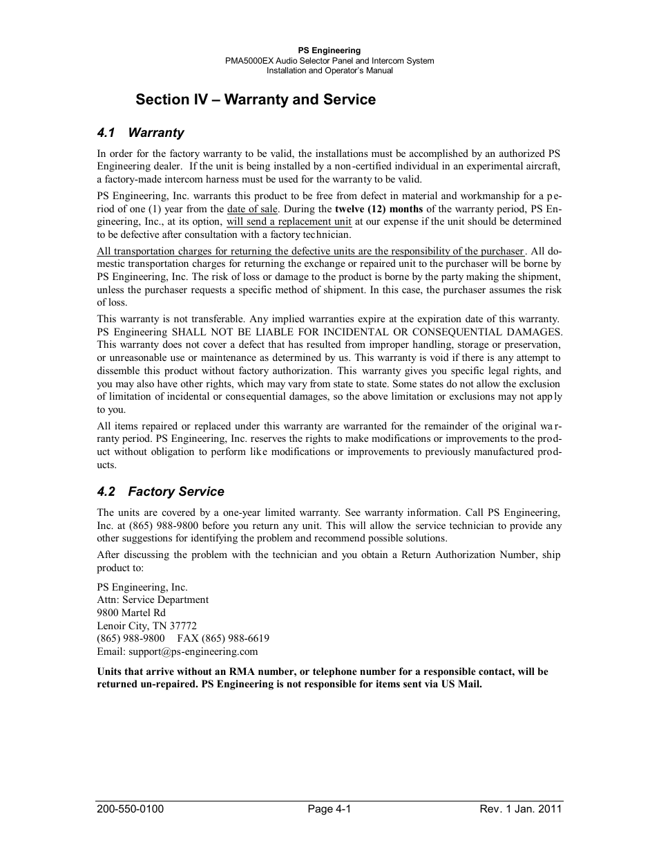Section iv – warranty and service, Warranty, Factory service | Section iv – warranty and service -1, Arranty, Actory, Ervice | PS Engineering PMA5000EX Installation Manual User Manual | Page 25 / 29