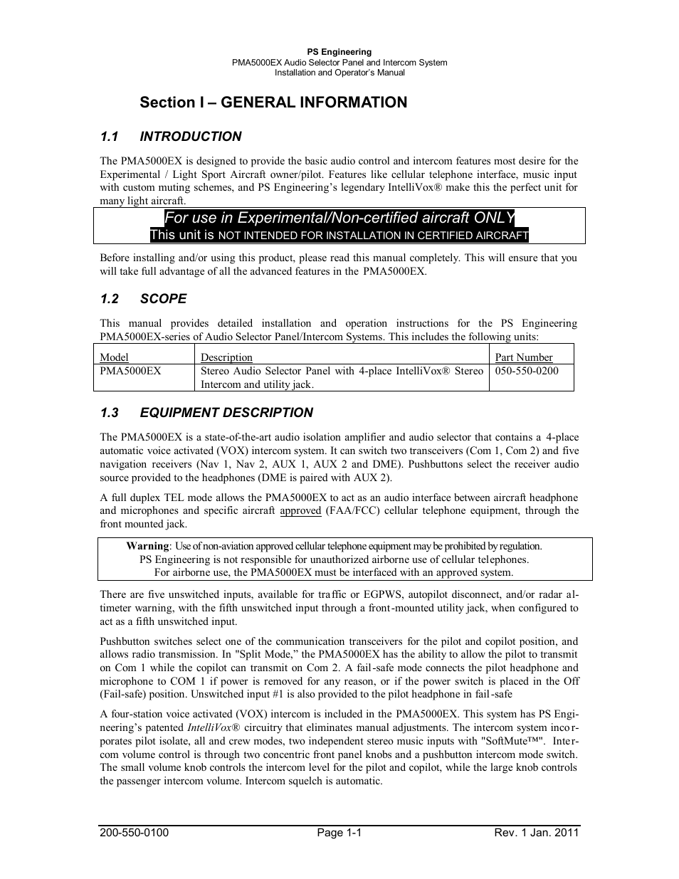 Section i – general information, 1introduction, 2scope | 3equipment description, Section i – general information -1, Introduction -1, Scope -1, Equipment, Description -1 | PS Engineering PMA5000EX Installation Manual User Manual | Page 4 / 29