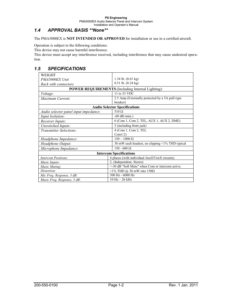 Approval basis **none, 5specifications, Approval | Basis, Specifications -2 | PS Engineering PMA5000EX Installation Manual User Manual | Page 5 / 29