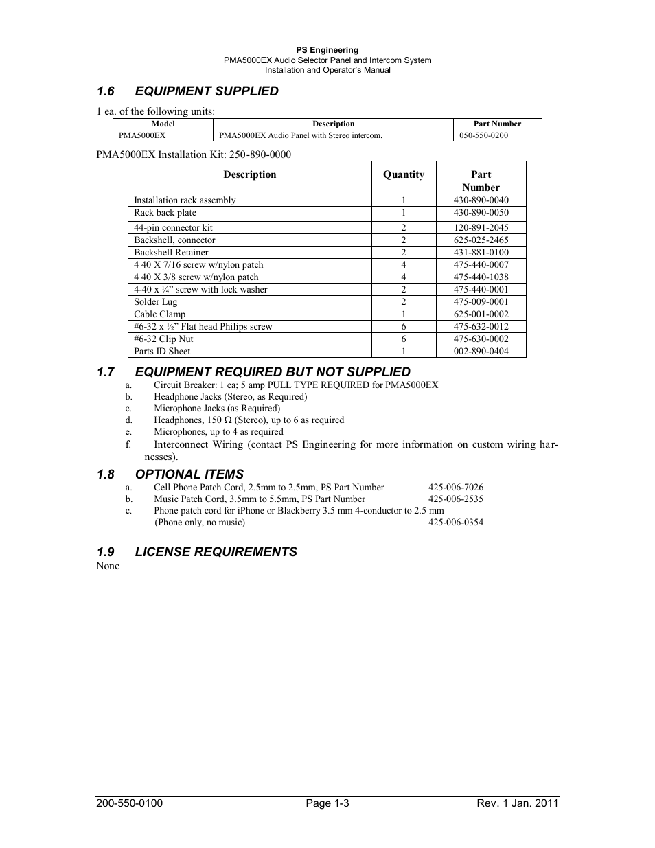 6equipment supplied, 7equipment required but not supplied, Optional items | License requirements, Equipment, Supplied -3, Required, Optional, Items -3, License | PS Engineering PMA5000EX Installation Manual User Manual | Page 6 / 29