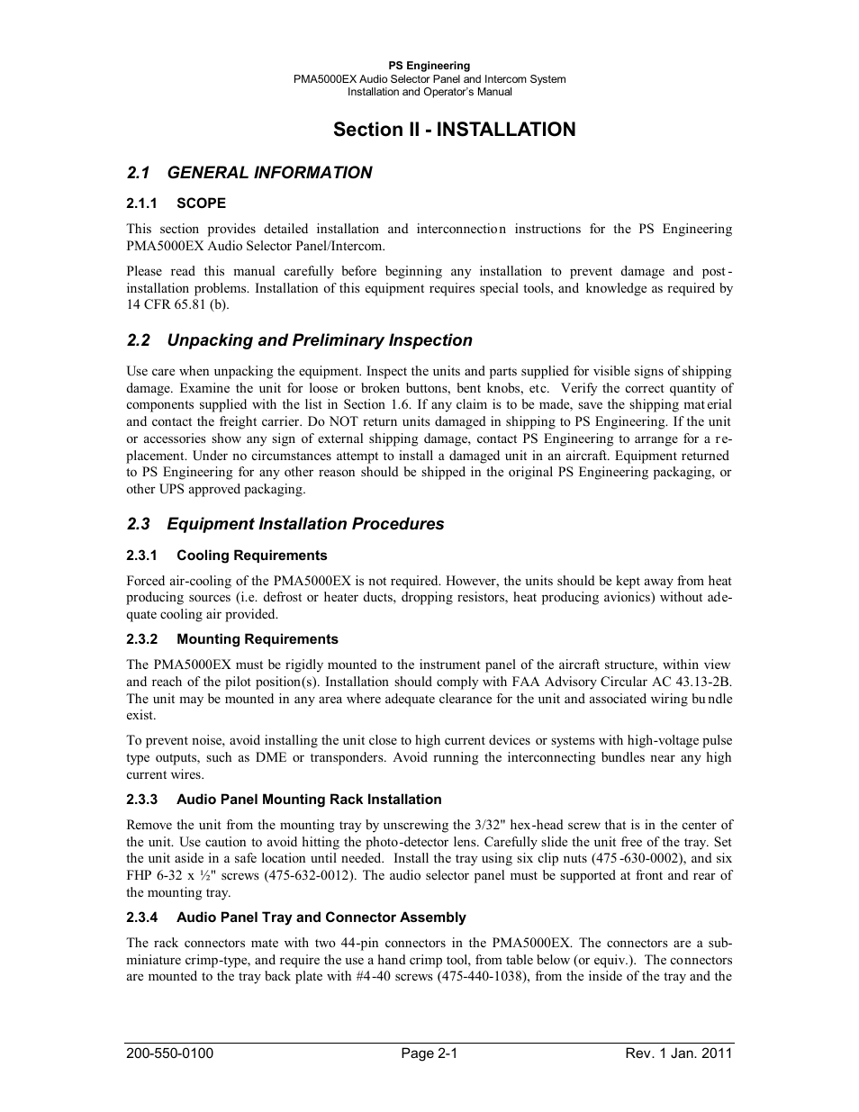 Section ii - installation, General information, Scope | Unpacking and preliminary inspection, Equipment installation procedures, Cooling requirements, Mounting requirements, Audio panel mounting rack installation, Audio panel tray and connector assembly, Section ii - installation -1 | PS Engineering PMA5000EX Installation Manual User Manual | Page 7 / 29