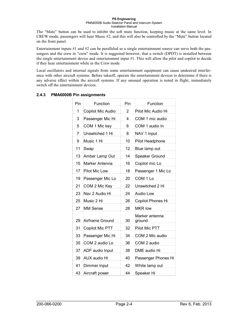 Pma6000b pin assignments, Pma6000b pin assignments -4 | PS Engineering PMA6000B User Manual | Page 10 / 26