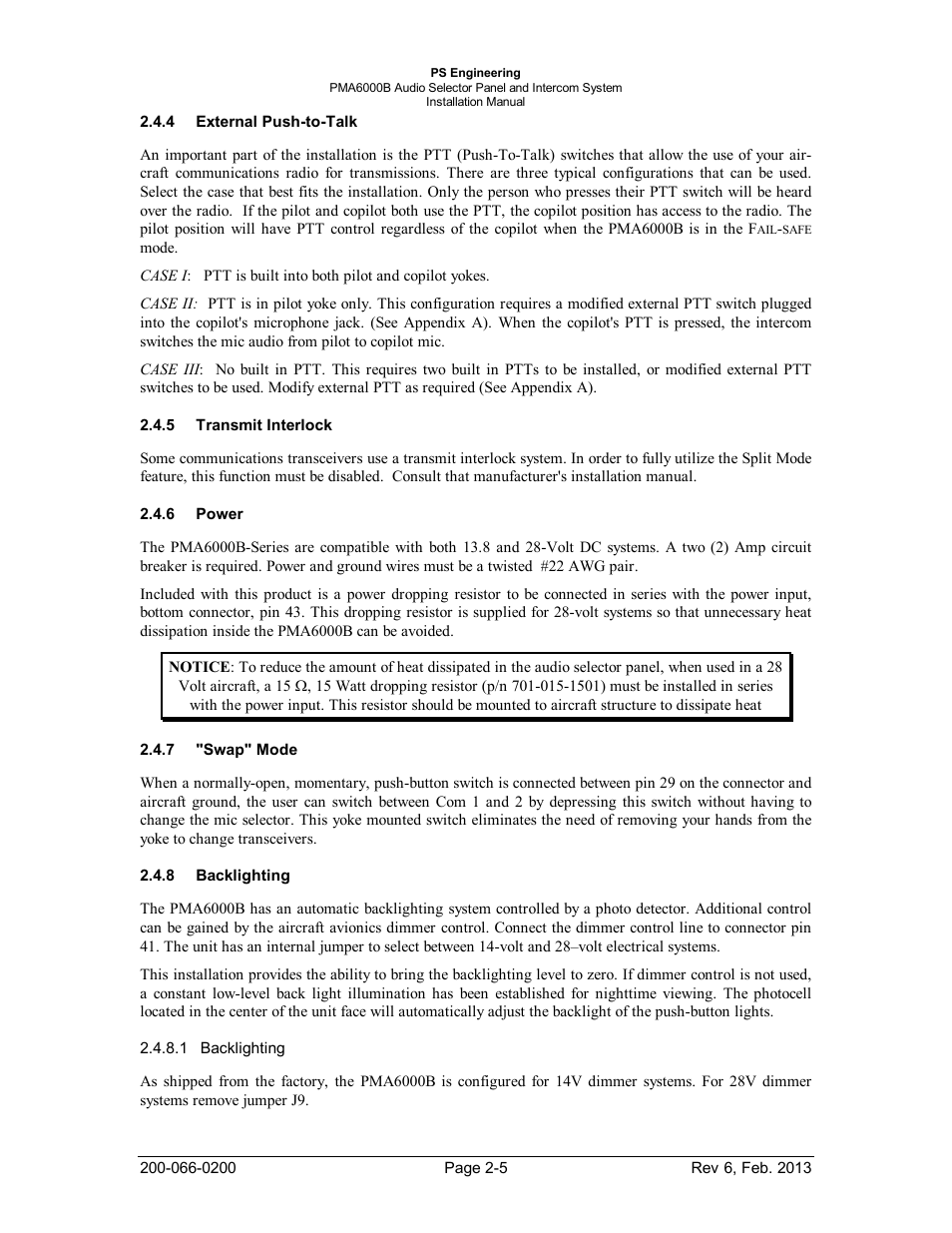 External push-to-talk, Transmit interlock, Power | Swap" mode, Backlighting, External push-to-talk -5, Transmit interlock -5, Power -5, Swap" mode -5, Backlighting -5 | PS Engineering PMA6000B User Manual | Page 11 / 26