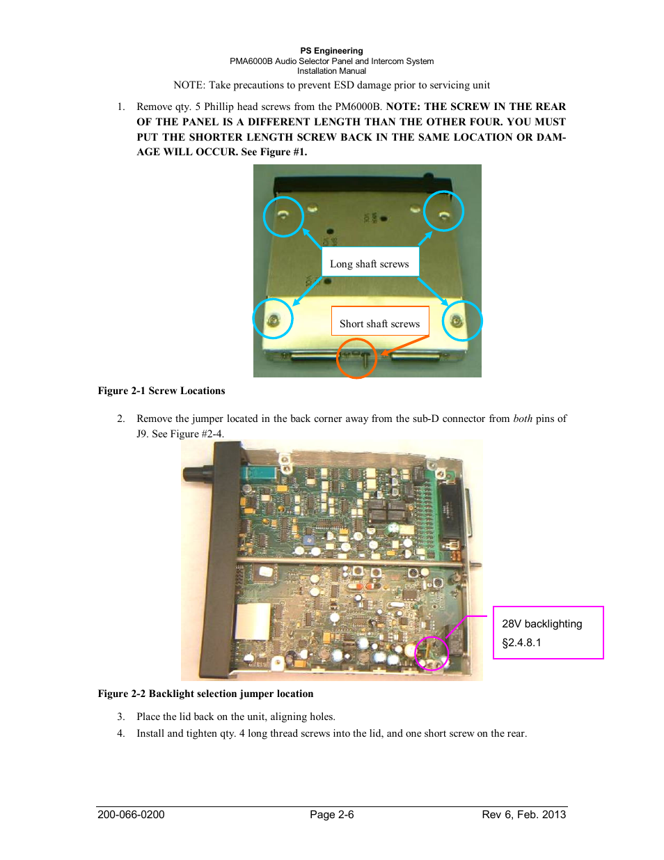Figure 2-1 screw locations -6, Figure 2-4 backlight selection jumper location -6 | PS Engineering PMA6000B User Manual | Page 12 / 26
