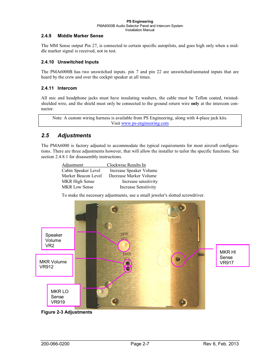 Middle marker sense, Unswitched inputs, Intercom | Adjustments, Middle marker sense -7, Unswitched inputs -7, Intercom -7, Adjustments -7, Figure 2-3 adjustments -7 | PS Engineering PMA6000B User Manual | Page 13 / 26