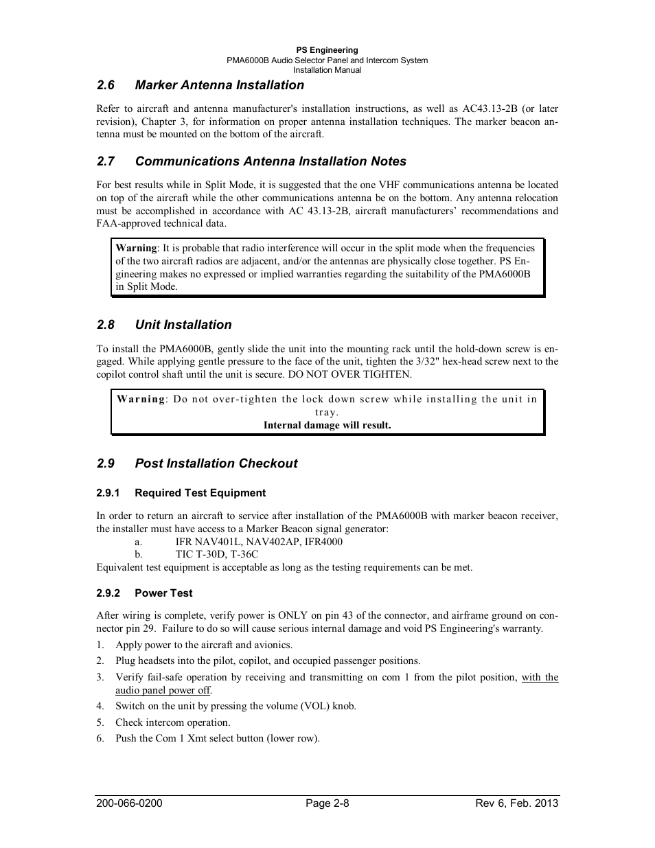 Marker antenna installation, Communications antenna installation notes, Unit installation | Post installation checkout, Required test equipment, Power test, Marker antenna installation -8, Communications antenna installation notes -8, Unit installation -8, Post installation checkout -8 | PS Engineering PMA6000B User Manual | Page 14 / 26